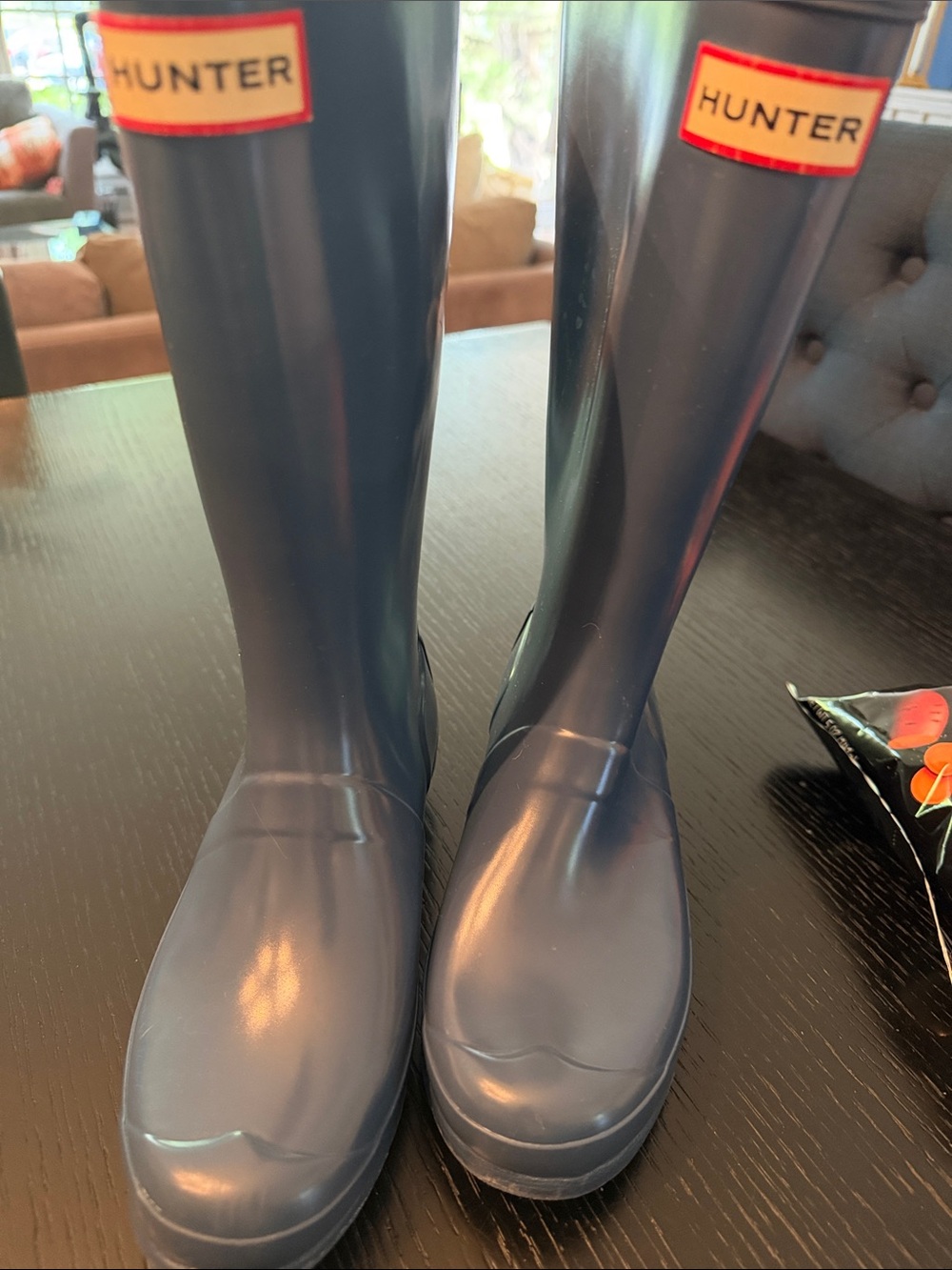 Hunter Navy Tall Rain Boots with Red Logo Trim